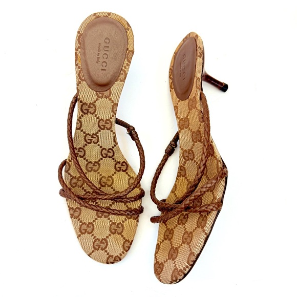 Gucci Vintage GG Supreme Monogram Strappy Heeled Slip On Mules Sandals 7.5 - Picture 1 of 7